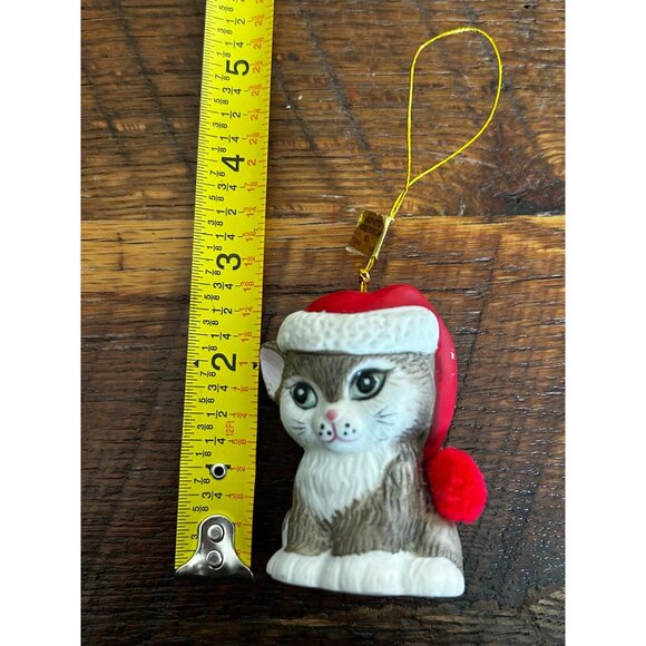 Vintage Jasco Porcelain Kitty Ornament With Santa Hat & Pom Pom Red White Brown - Picture 10 of 10